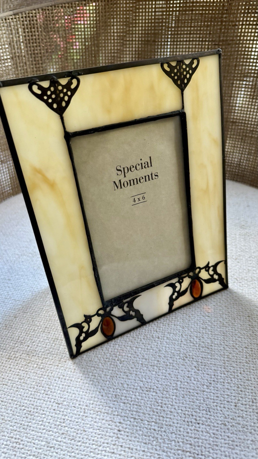 Stained Glass Tiffany Style Photo Frame 4×6 Cream Black Amber Freestnd Portrait