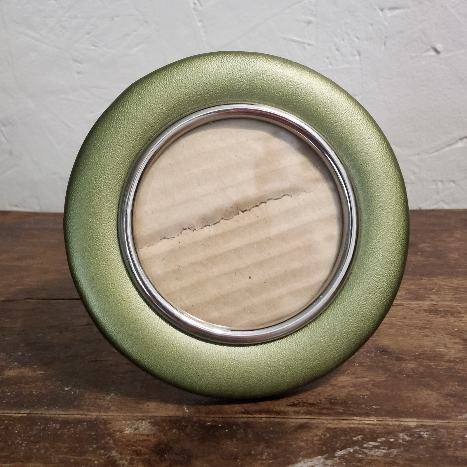 Vintage Marcolar Spain Round Green Leather Picture Frame Mid Century Modern 5×5