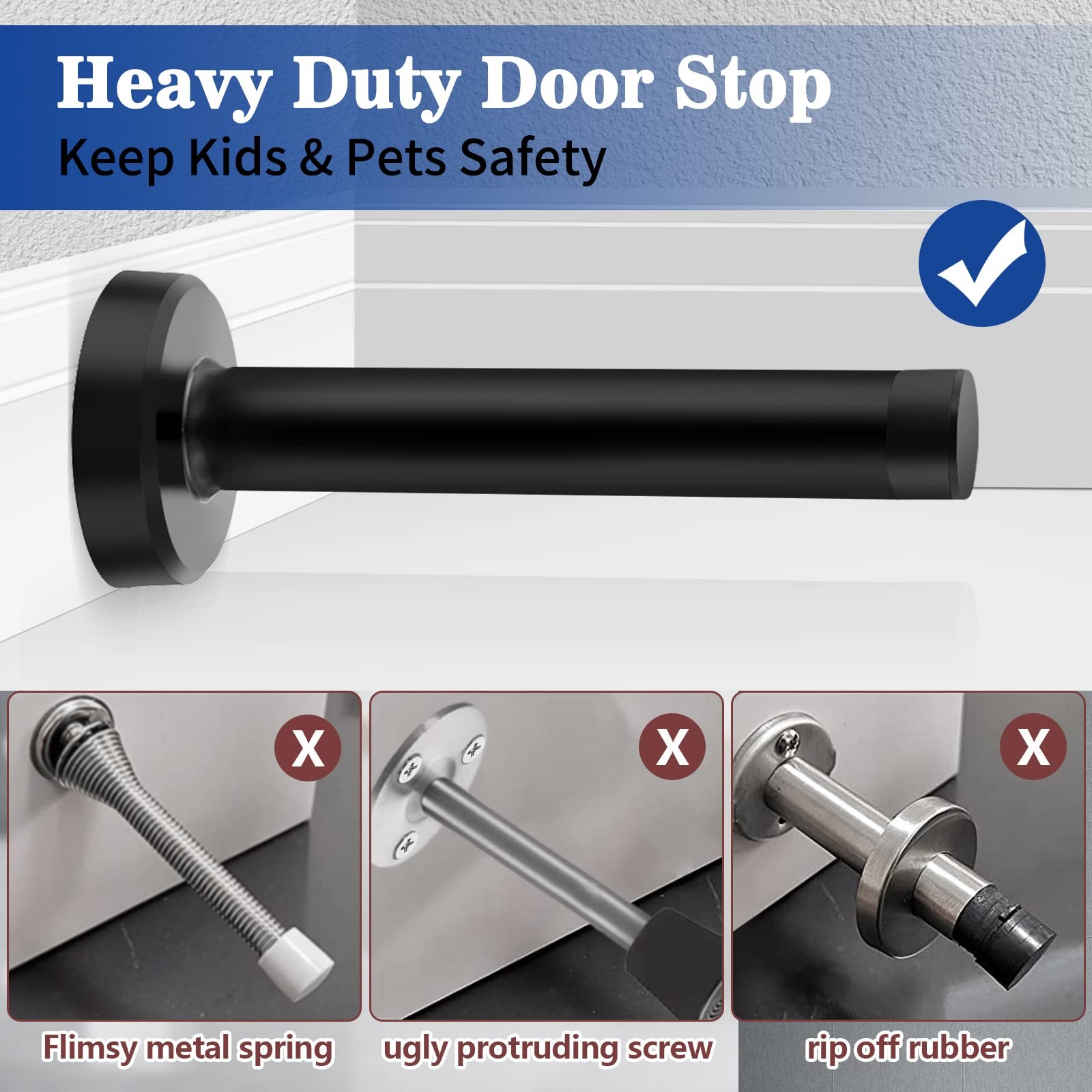 8 Inch Door Stop, Extra Long Stopper, Wall Mounted, Black 8 Inch,