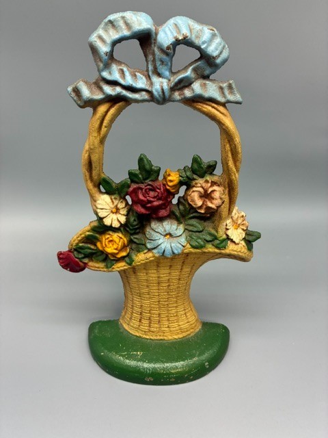 Vintage Cast Iron Floral Basket Doorstop, 10 3/4&Prime;, signed