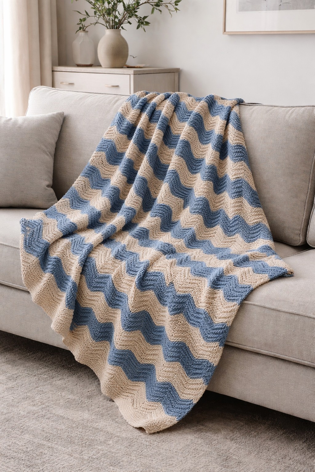 Chevron(Zig Zag)Pattern Hand Crochet Blue & Cream W-65&Prime; x L-92&Prime; Blanket Throw
