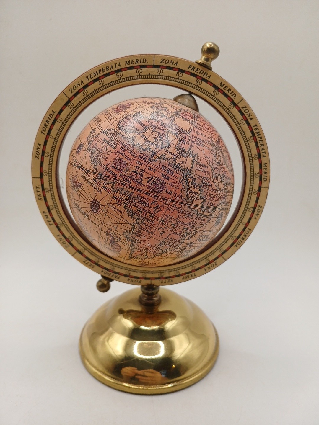 Small Desk Globe Brass Base Old World Map Decor Meridian Ring Vintage Style 6”
