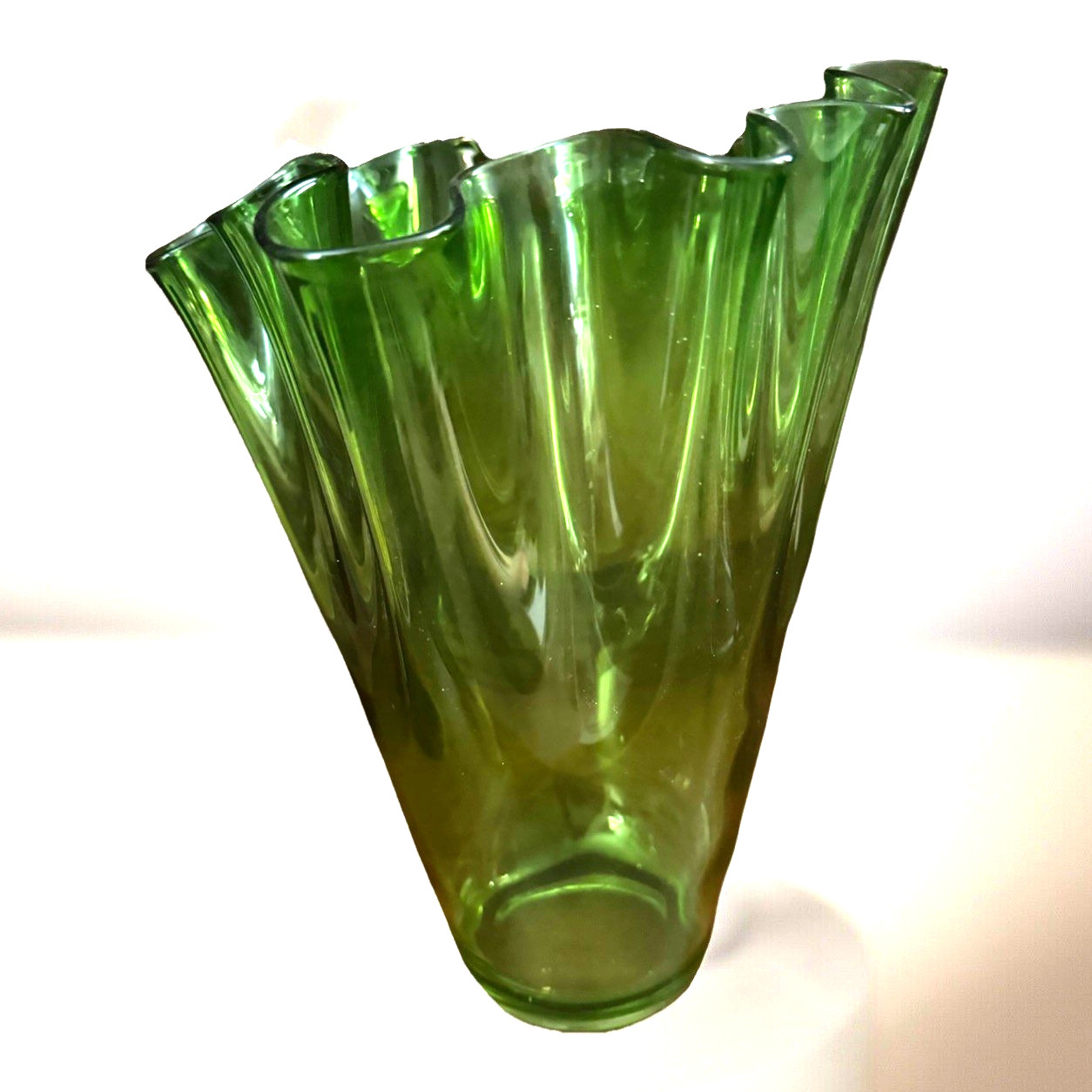 BEAUTIFUL 12in Translucent Green Glass Vase Waved Assymetrical Edges NEVER USED