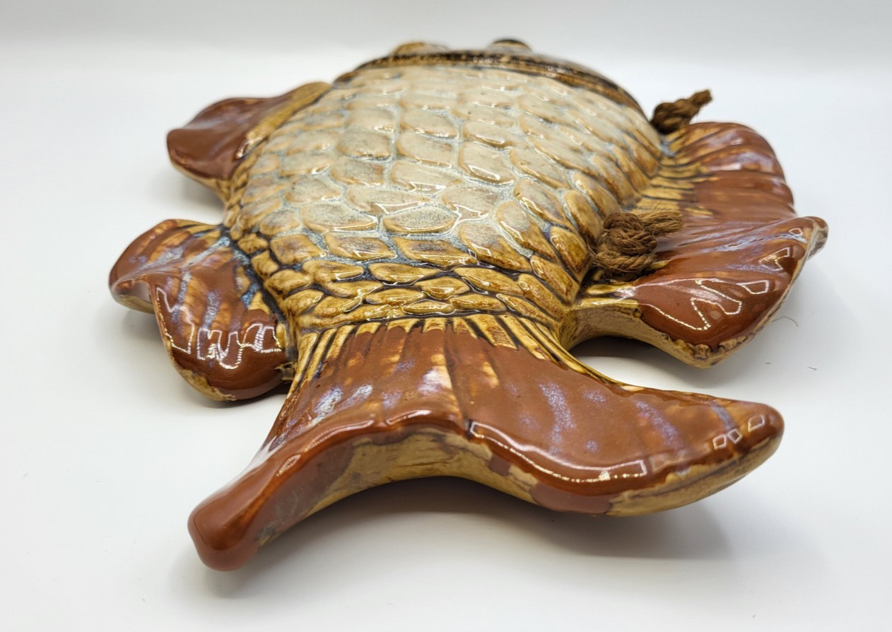 VTG. Glazed Ceramic Pottery Fish Wall Hanging Plaque 12&Prime; Pre-Treaded Cord Browns