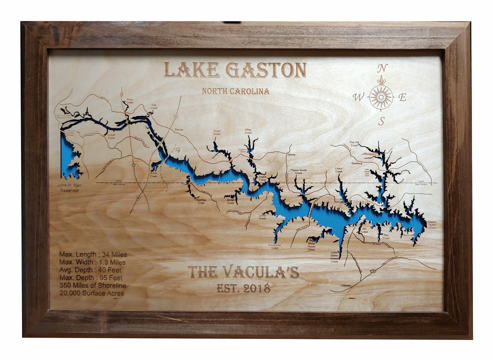 Lake Gaston, NC – Laser Cut Wood Map | Wall Art | Made to Order