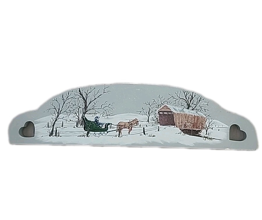 Vtg Handpainted Winter Scene Folk Art Over The Door Wood 2 Sided Plaque 20&Prime;