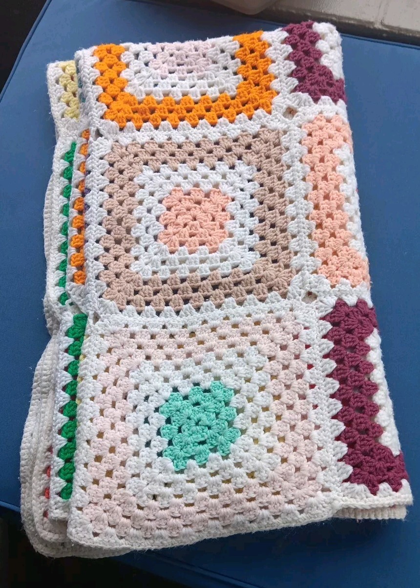 Granny Square Crochet Afghan Throw Blanket White Multi Color 62×50&Prime; Handmade Vtg