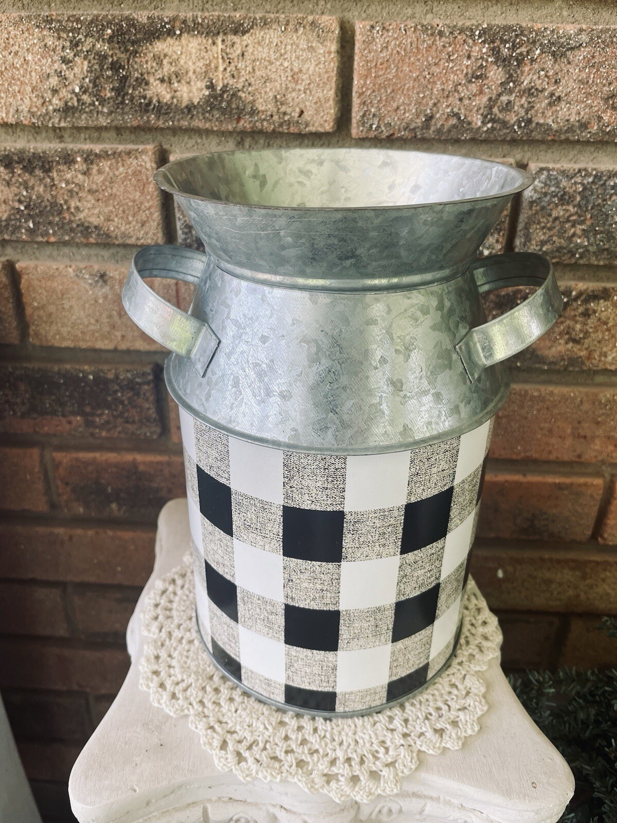 Black & White Buffalo Check Galvanized Metal Milk Can, Large 9.25” Farmhouse New
