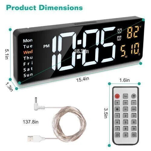 16in Digital LED Desk Alarm Clock Large LCD Display Wall Clock Date With Remote