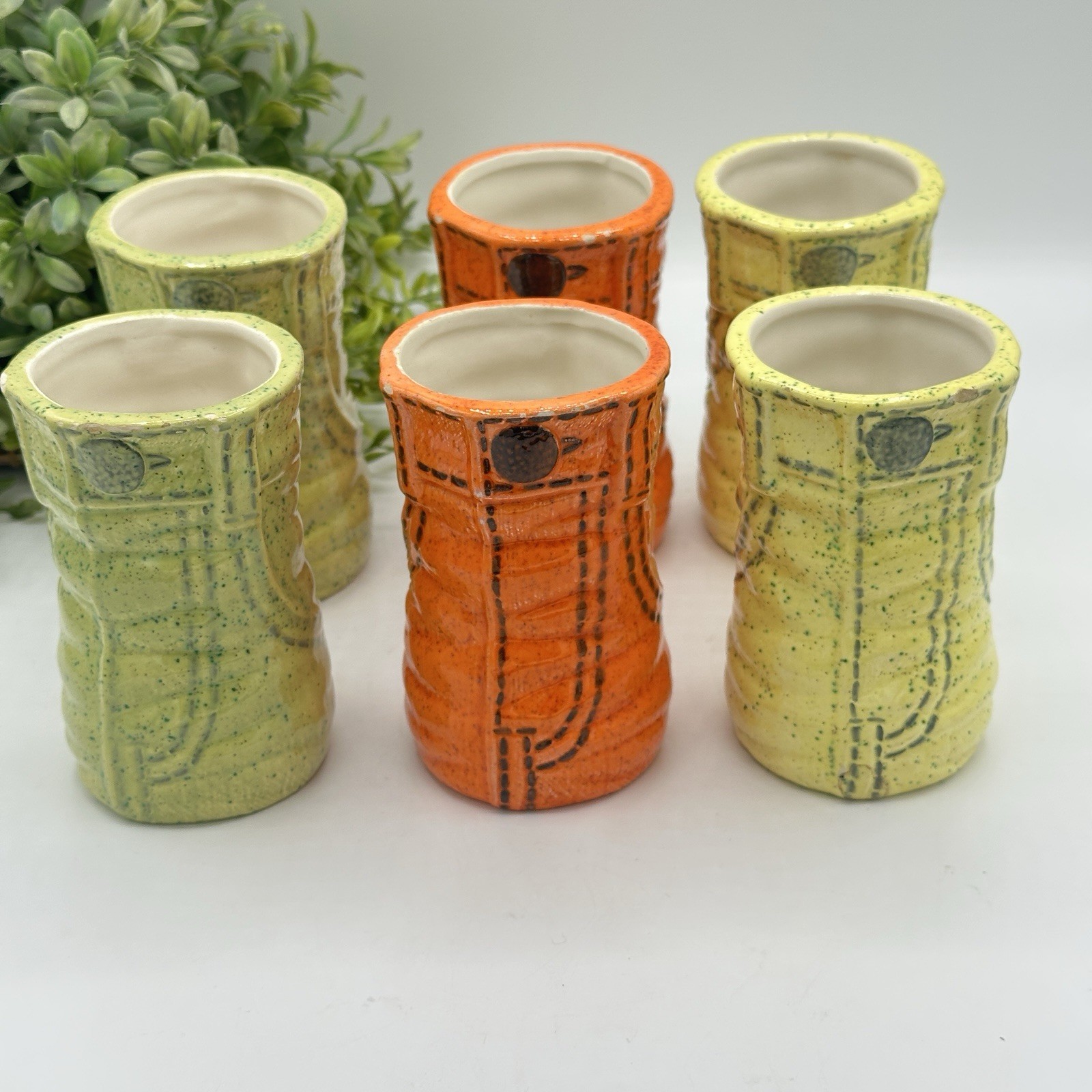 6 Retro Vases Denim Jeans Style Ceramic Cups Set Orange Lime Atomic 4&Prime; 60s