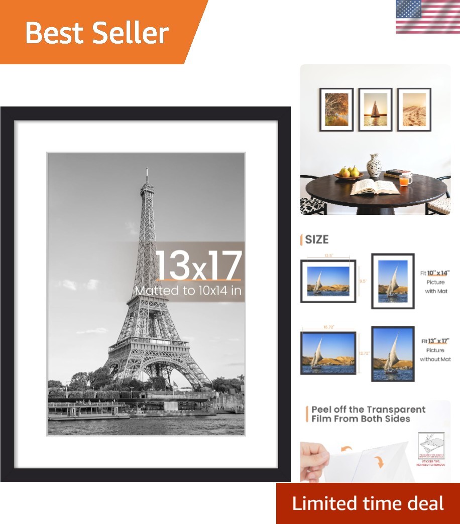 Classic Black Wall Hanging Picture Frame – Fits 10×14 with Mat or 13×17
