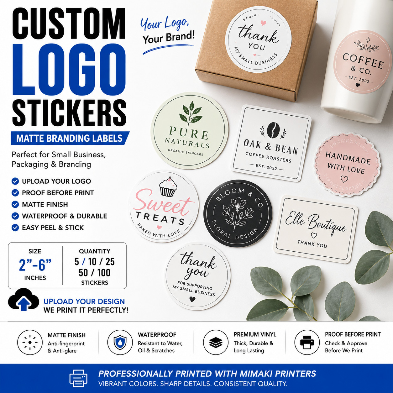 Custom Logo Stickers Matte Vinyl Labels Business Branding Decals 1-6&Prime; Bulk
