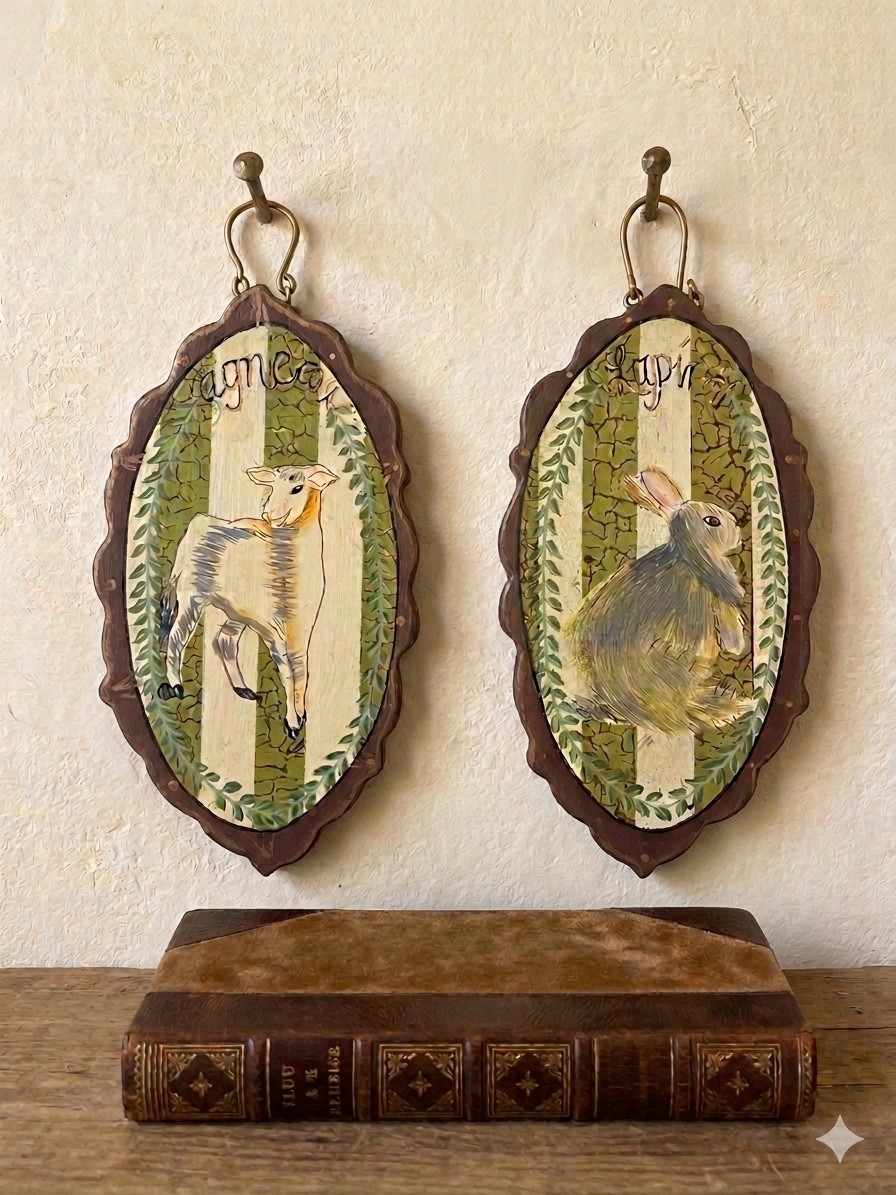 Set of 2 Wooden French Cottage Decorative Wall Plaques Animal Illustrations 5×3”