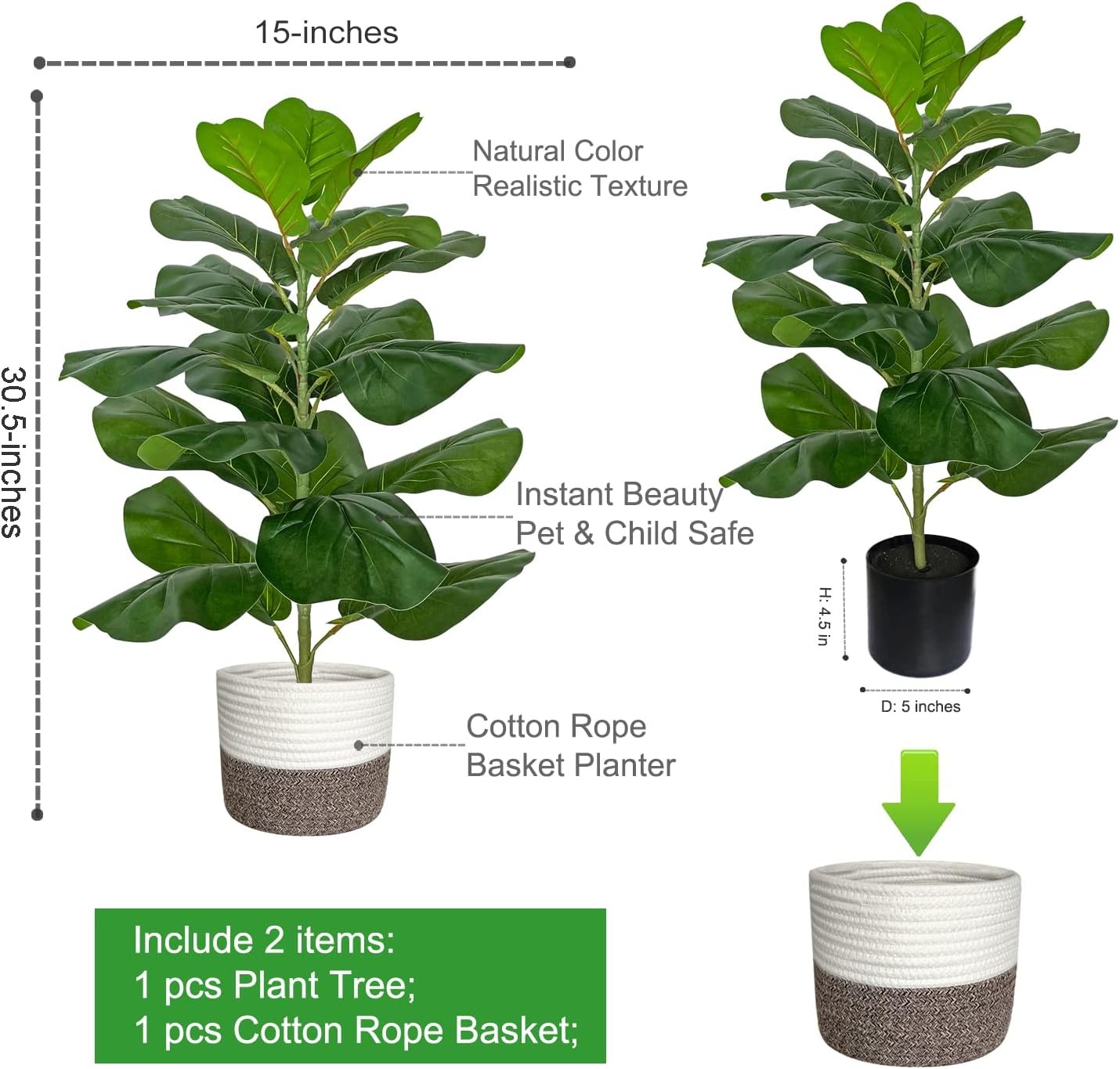 Artificial Fiddle Leaf Fig Tree/Faux Ficus Lyrata for Home Office Decoration,