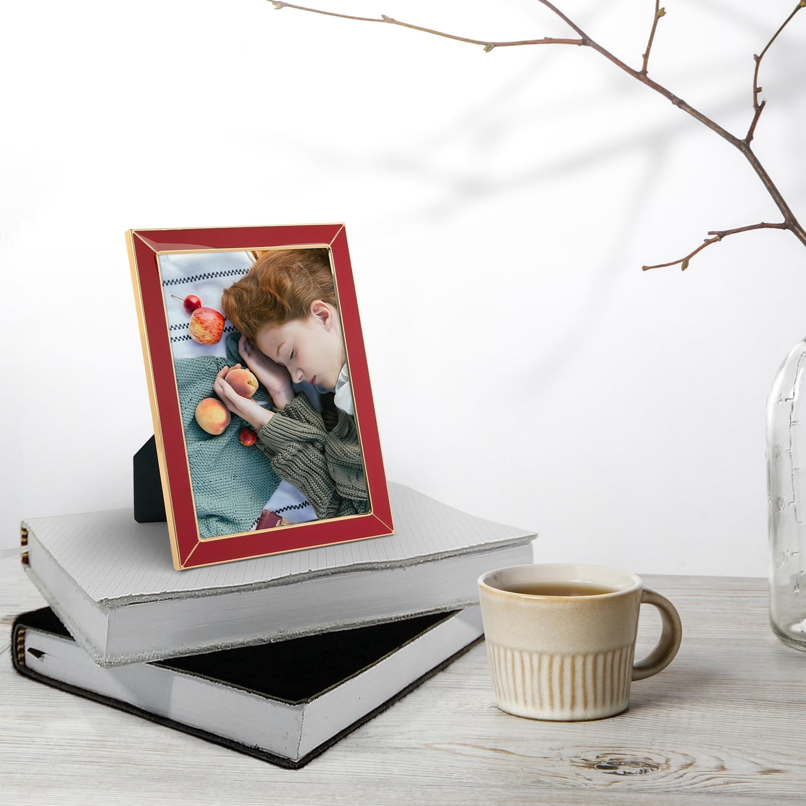 2 Pack 5×7 Red Enamel Gold Metal Edge Picture Frames Easel Velvet Tabletop Decor