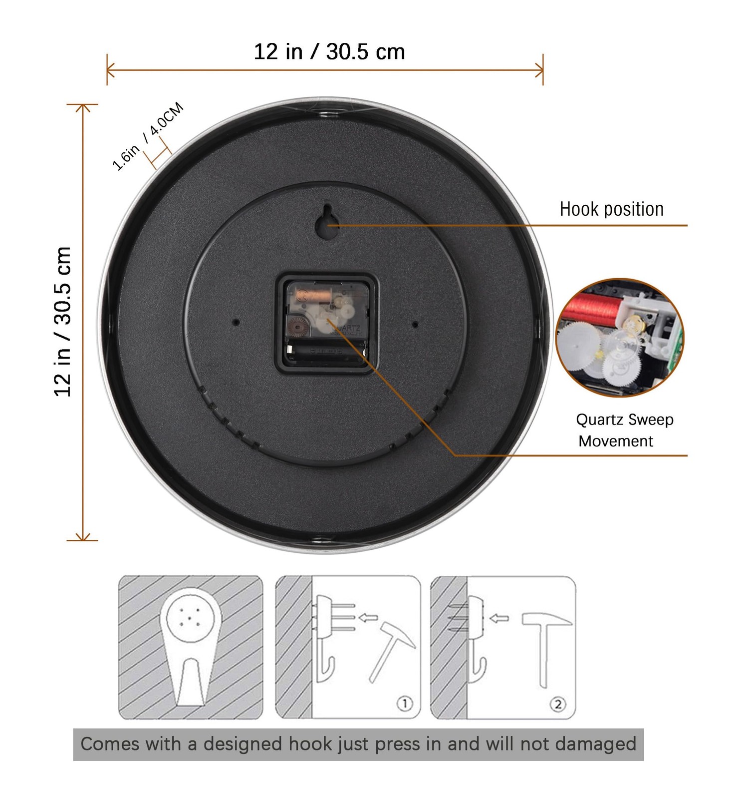 12 Inch Silent Wall Clock Battery Operated Modern Metal Decorative Home