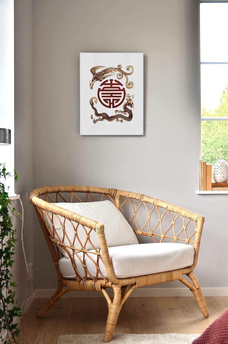 Asian Traditional Chinese Phoenix and Dragon Double Happiness Canvas Wall Art…
