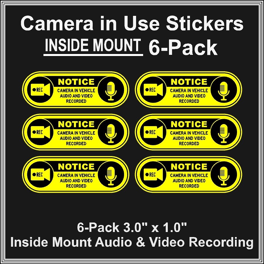 Camera in Car Recording Video 6-Pack INSIDE MOUNT Decals Black Yellow 3&Prime; x 1&Prime;