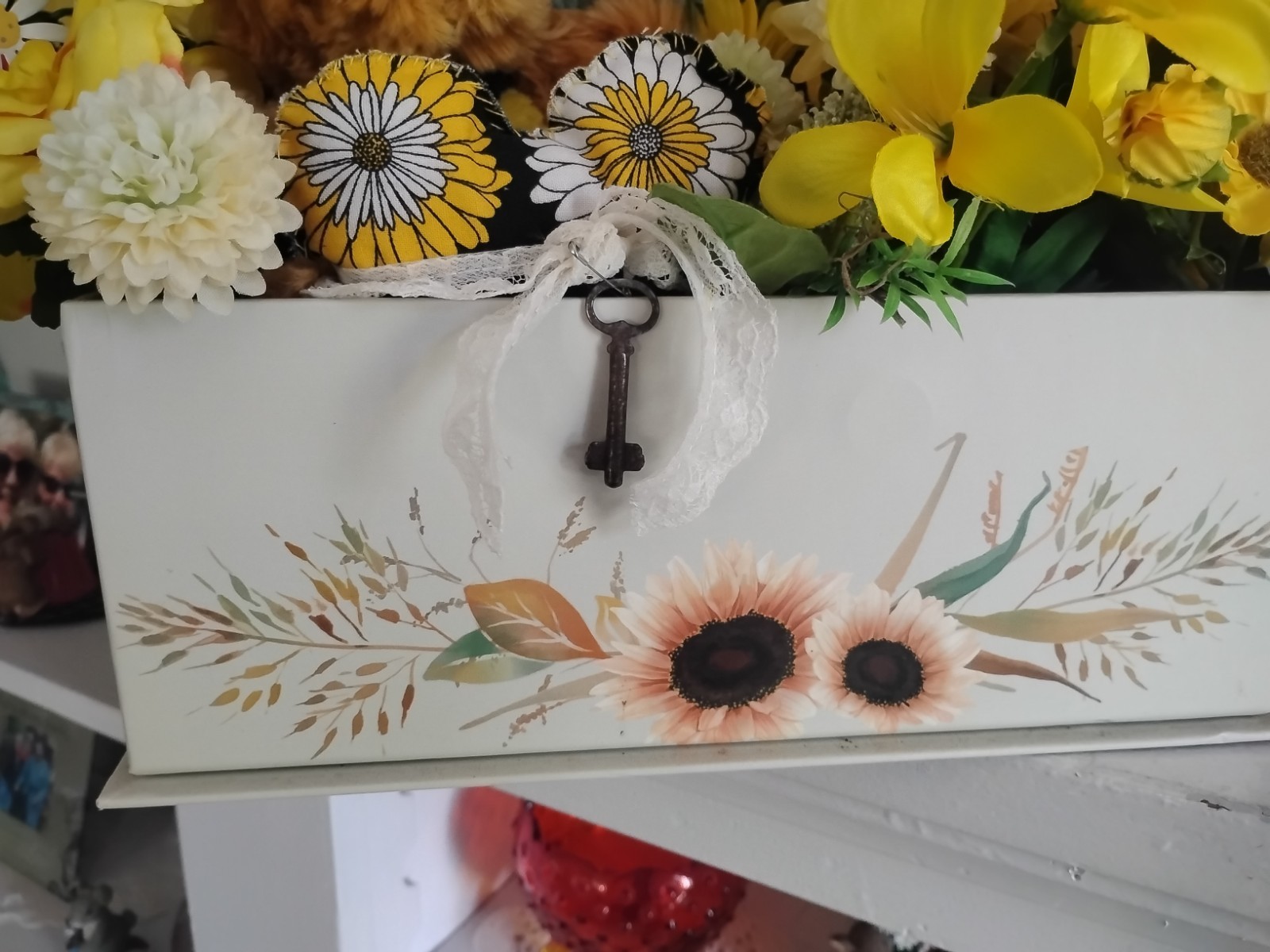 Handmade Sunflower & Bee Centerpiece In A Decorative Box With Floral And Greens,