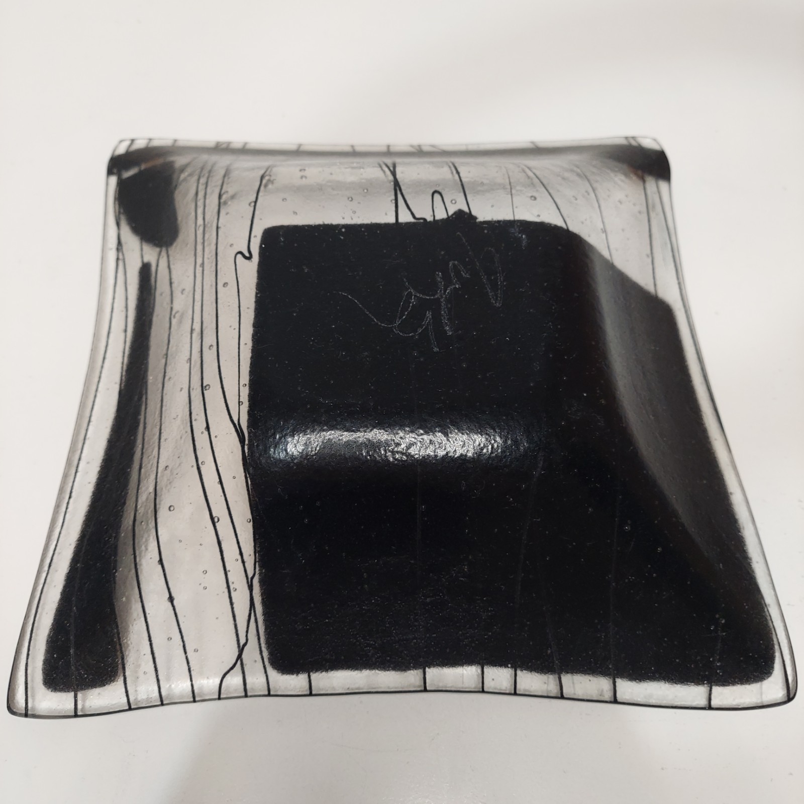 Signed Art Glass Modern Iridescent Fused Deep Dish Glass Square Plate/Plate Mcm