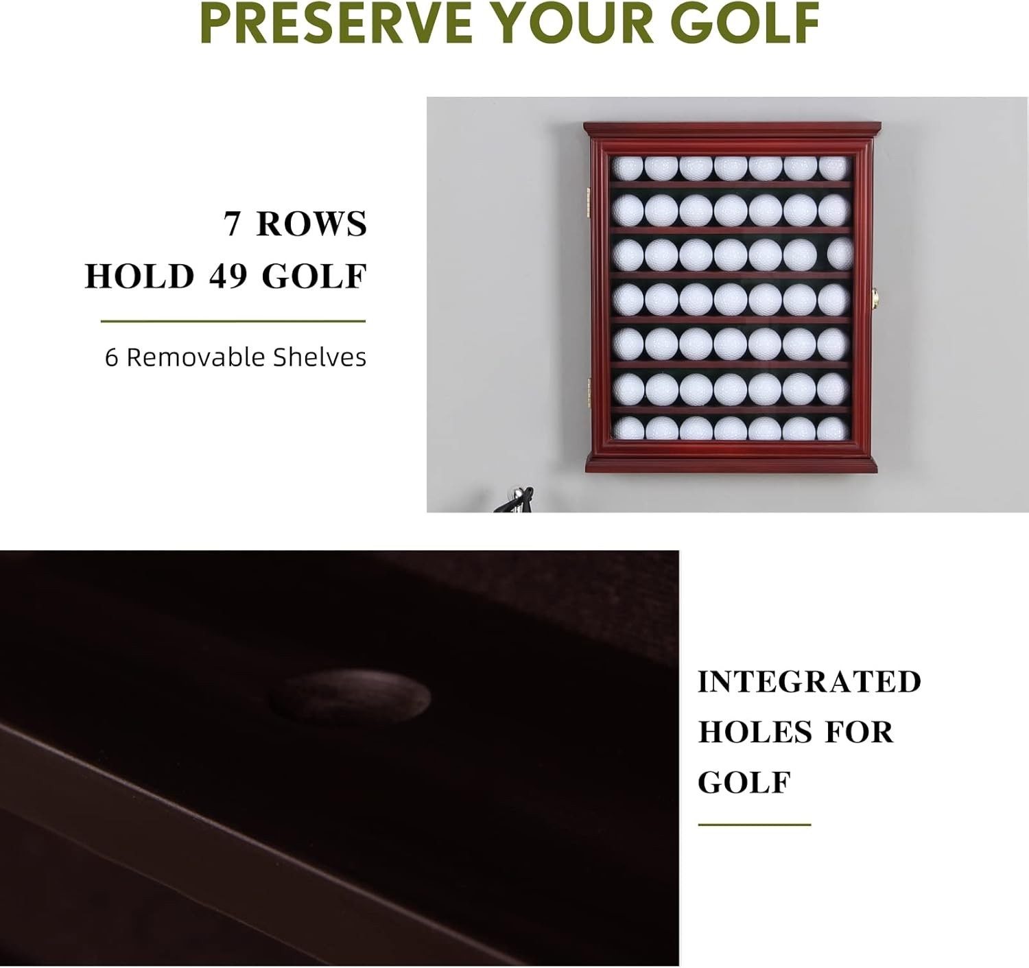 Golf Ball Display Case 49 Pcs Mahogany Pine Wood PGA Clubhouse Wall Rack Holder