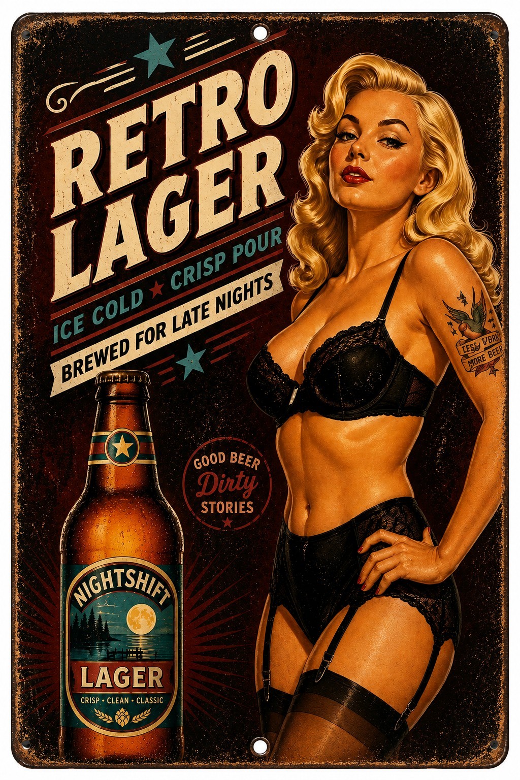 Retro Pinup Beer Sign Metal Wall Decor Vintage Lager Garage Bar Man Cave 8×12