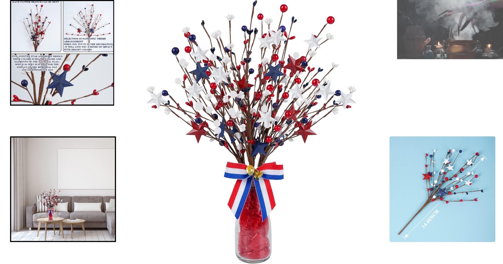 4 Pack Patriotic Artificial Berry Stem Picks – Festive Red, White & Blue Decor