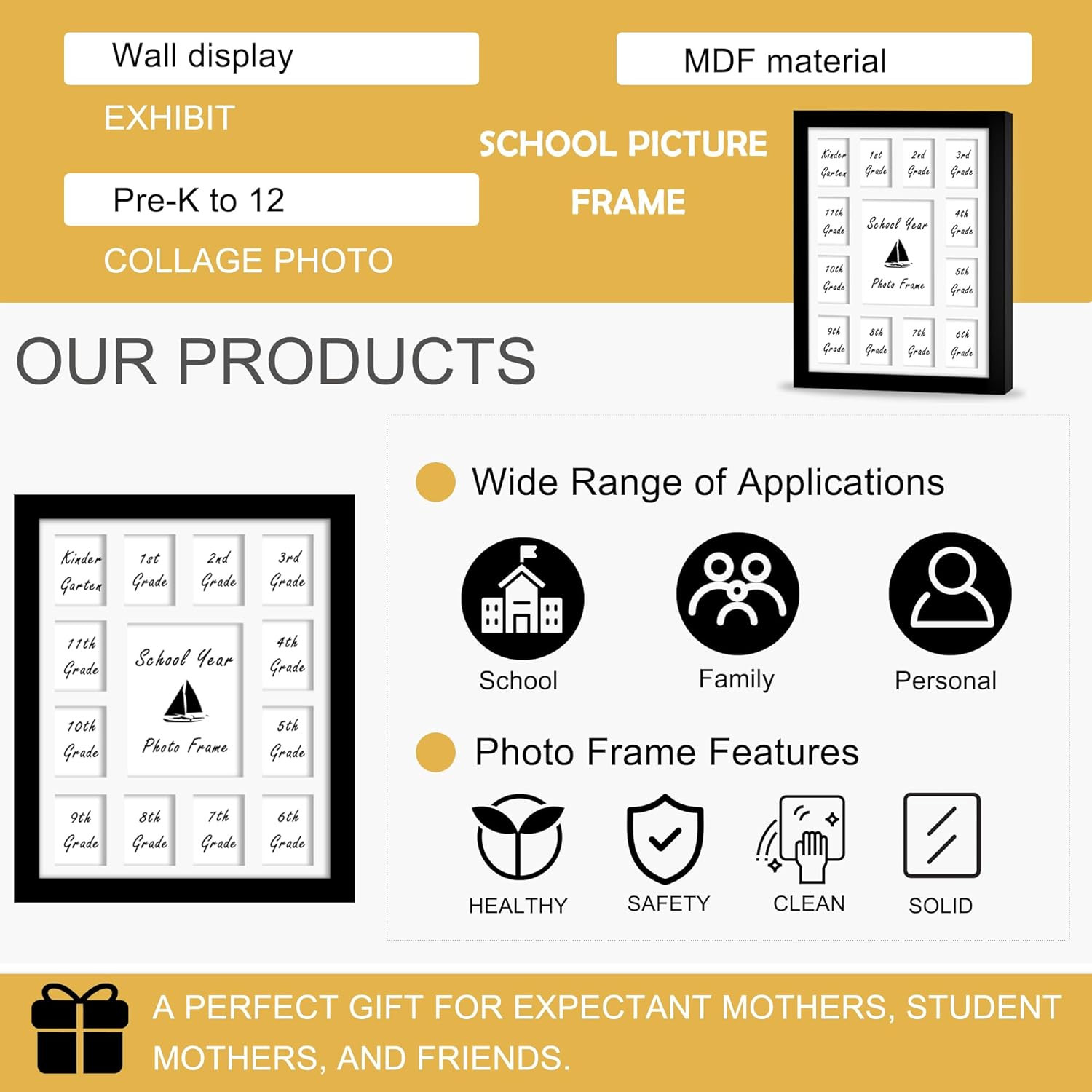 12×16 School Year Picture Frame K-12 Displays One 5×7 Photo and Twelve 2.5×3….