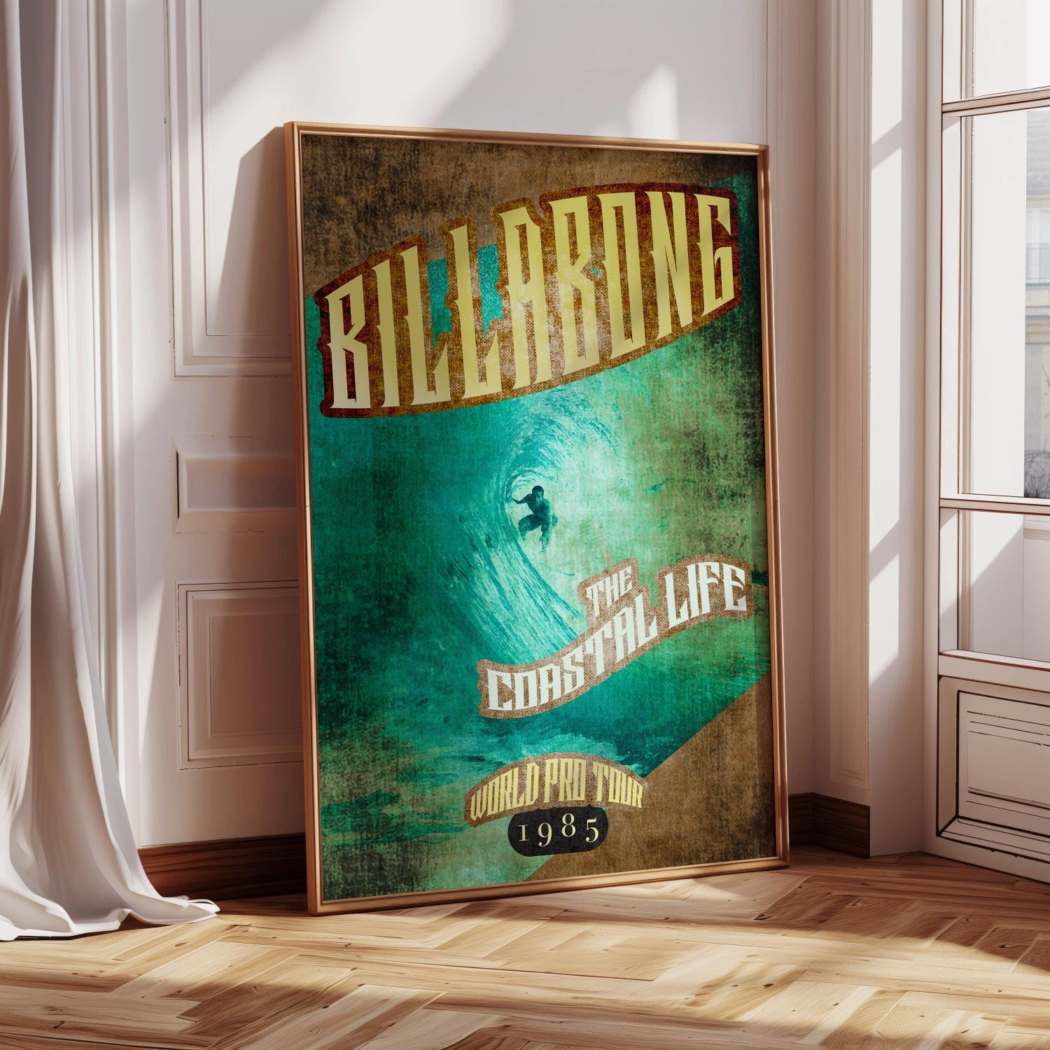 1985 Billabong World Tour Surf Poster, Vintage Surfing Art Print, Coastal Decor