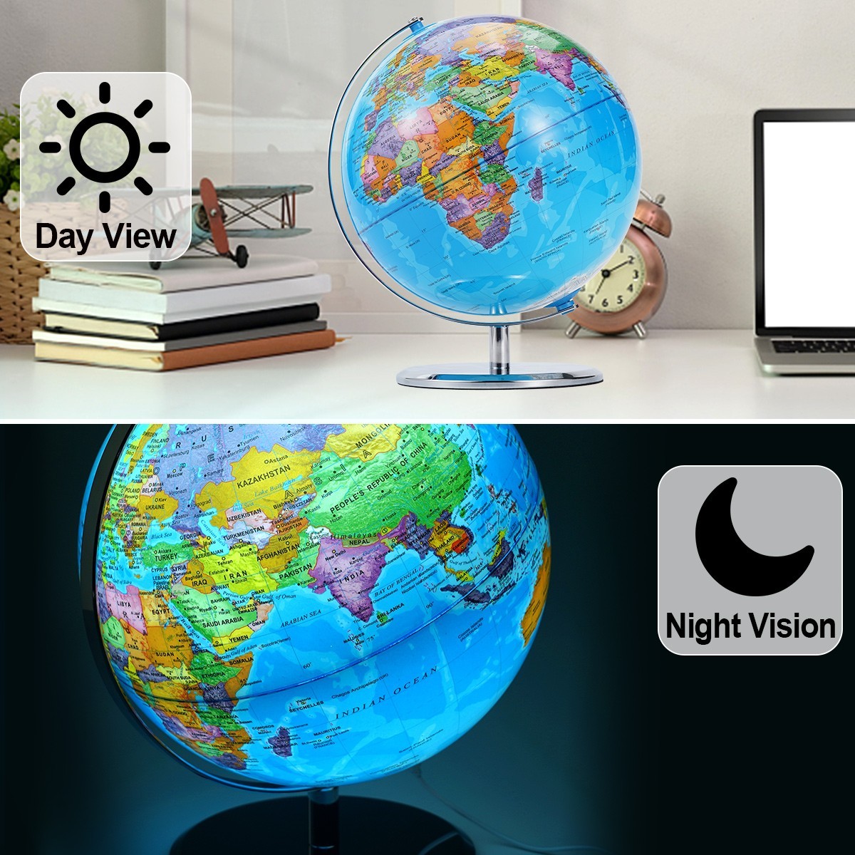 Large 3D World Globe Earth Ocean Rotating World Map Geography w/ Stand Desktop