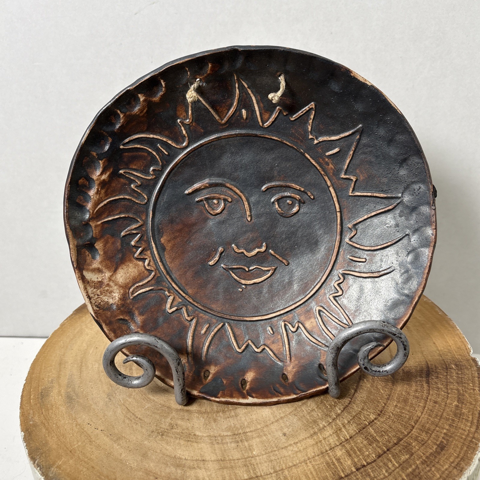 Handmade Ceramic Celestial Wall Hanging Sun Face 8.75” Textured Copper Tone VGC