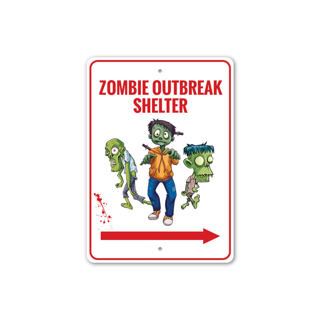 Zombie Outbreak Shelter This Way, Directional Arrow Sign, Welcome Metal Sign