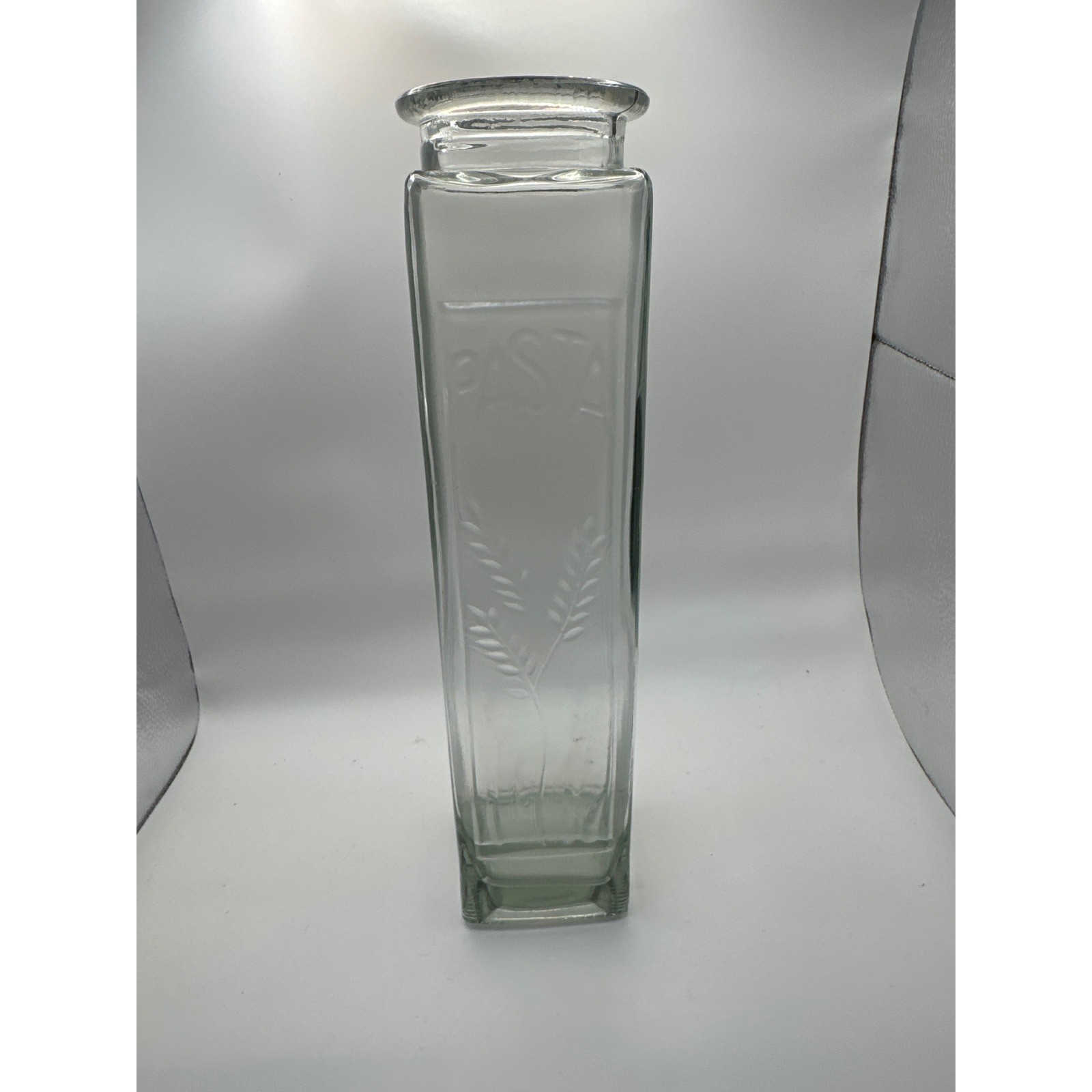 Vintage Clear Glass Tall Square Vase Embossed Wheat Stalks pasta