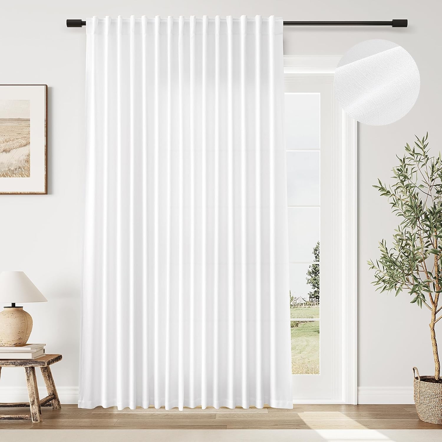White Linen Curtains Extra Wide 100 Inch for Living Room Semi Sheer Morden