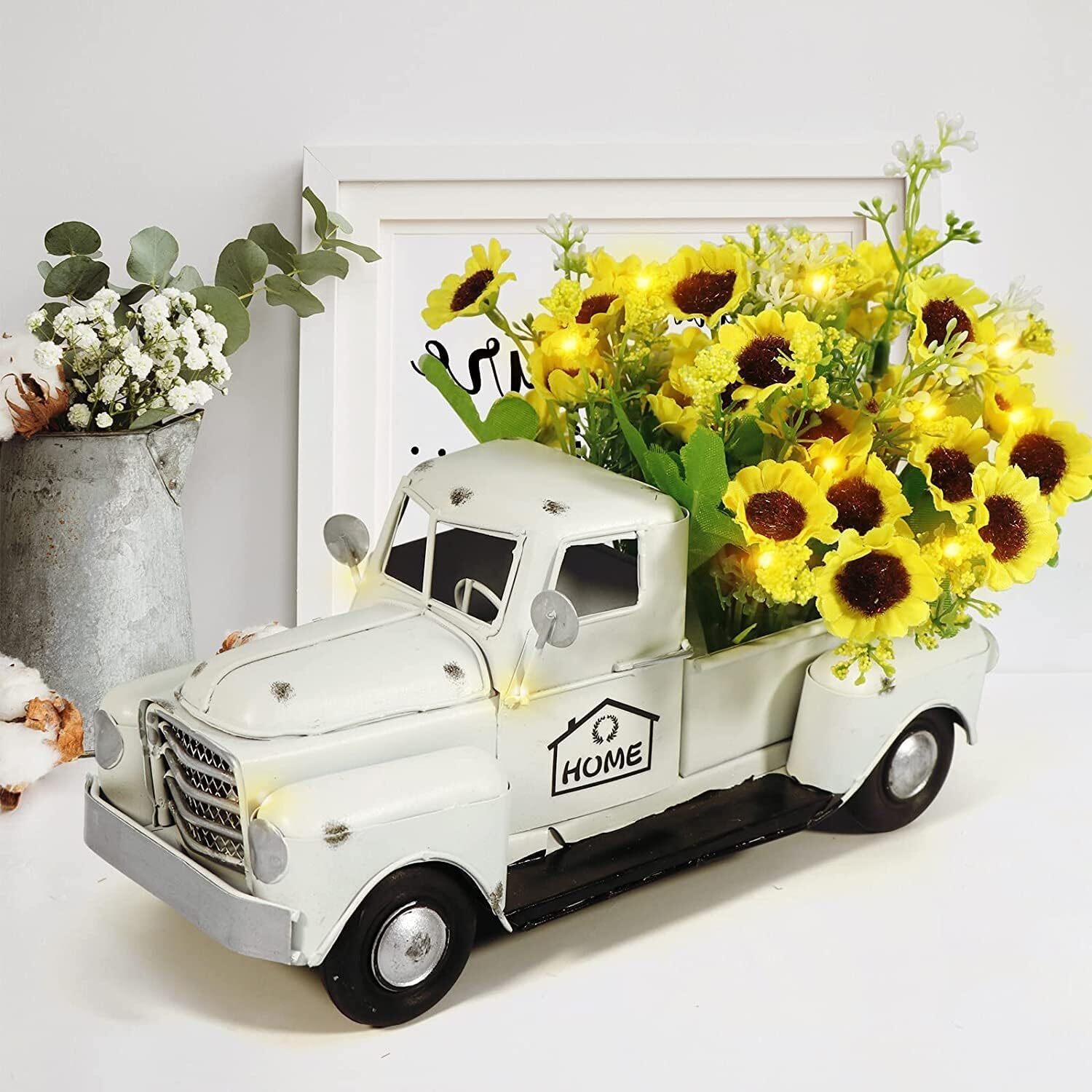 White Vintage Truck Decor with Sunflowers Artificial Flowers, Metal Truck Dec…