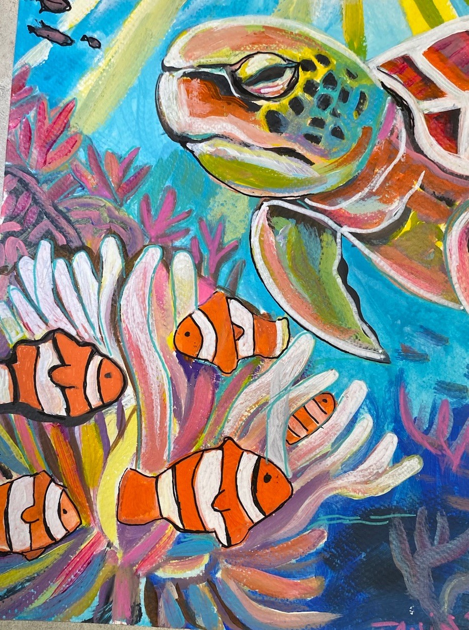 9×12”, Deep Sea Turtle In Coral Reef/ Mixed Media Paper, Signed By Janine, COA