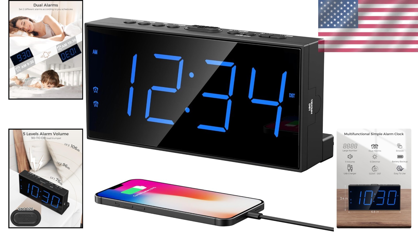 User-Friendly Dual Alarm Clock with Snooze & USB Charger – Perfect for All Ages