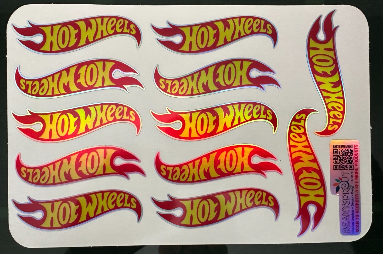 Hot wheels Holographic vinyl logos 3&Prime; long sheet of 12 decal stickers