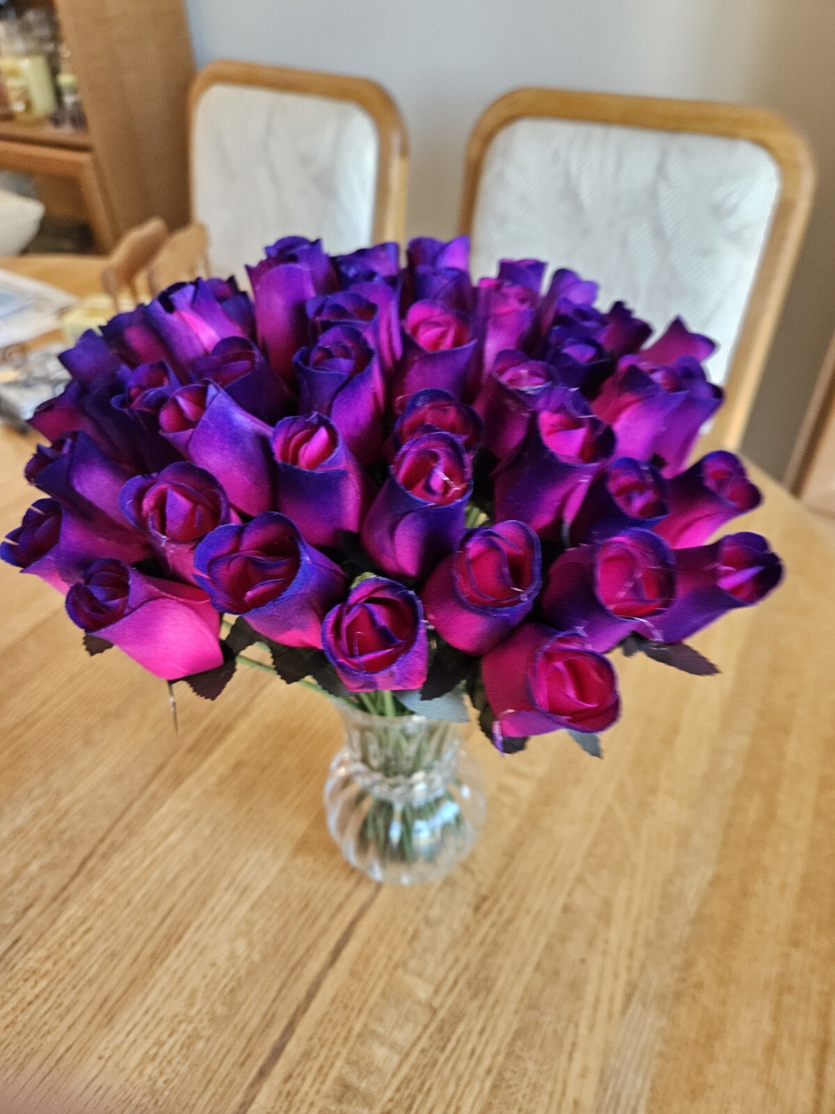 3 DOZEN – HOT PINK- PURPLE WOODEN ROSE BUDS 5 X 8 ARTIFICIAL FLOWERS