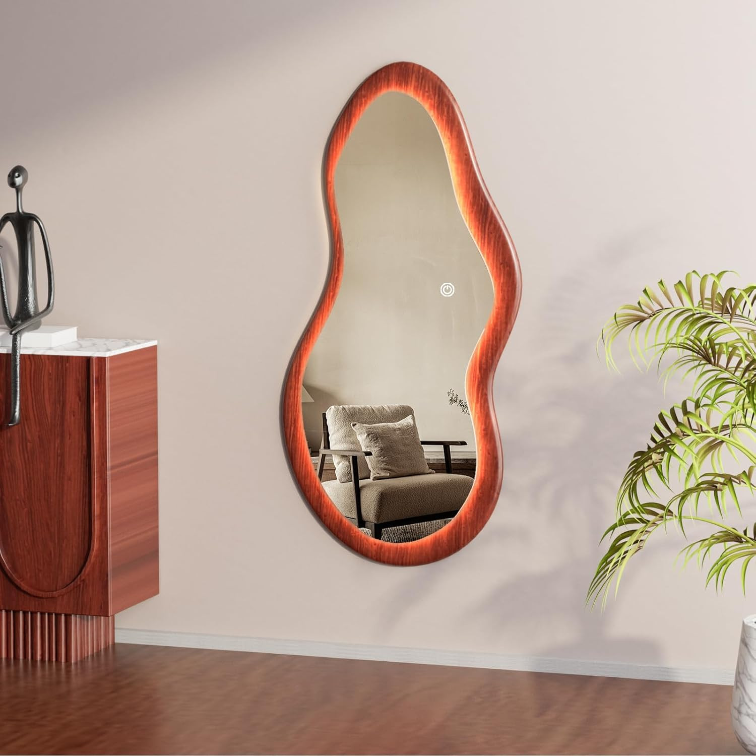 48&Prime;X24&Prime; LED Wavy Full Length Mirror with Walnut Frame for Bedroom & Living Room