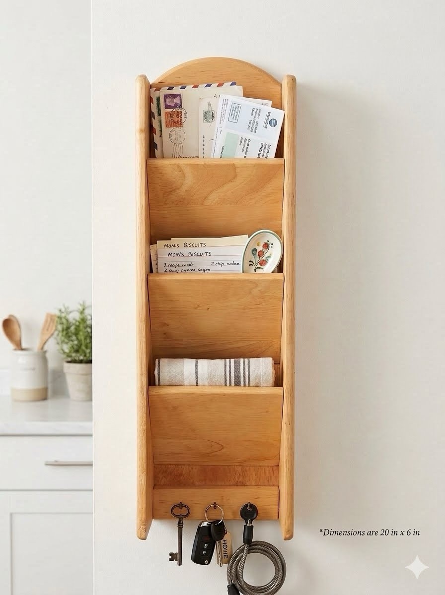 Vintage Wood Letter Bill Organizer 3 Hook Key Holder 3 Wood Pockets for Mail