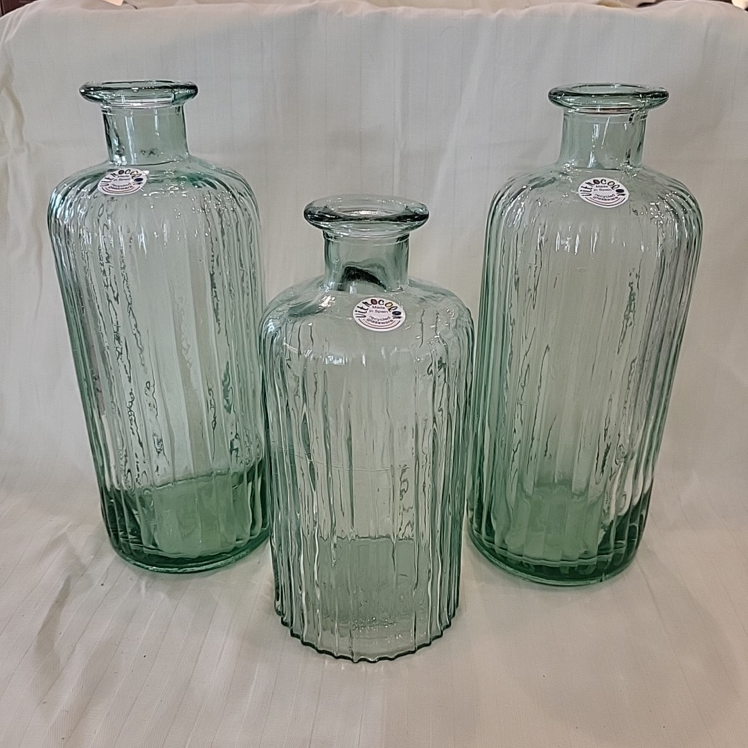 3 Vitrocolor Glass Vases Recycled Green Ribbed Home Decor Spain New Lot of 3