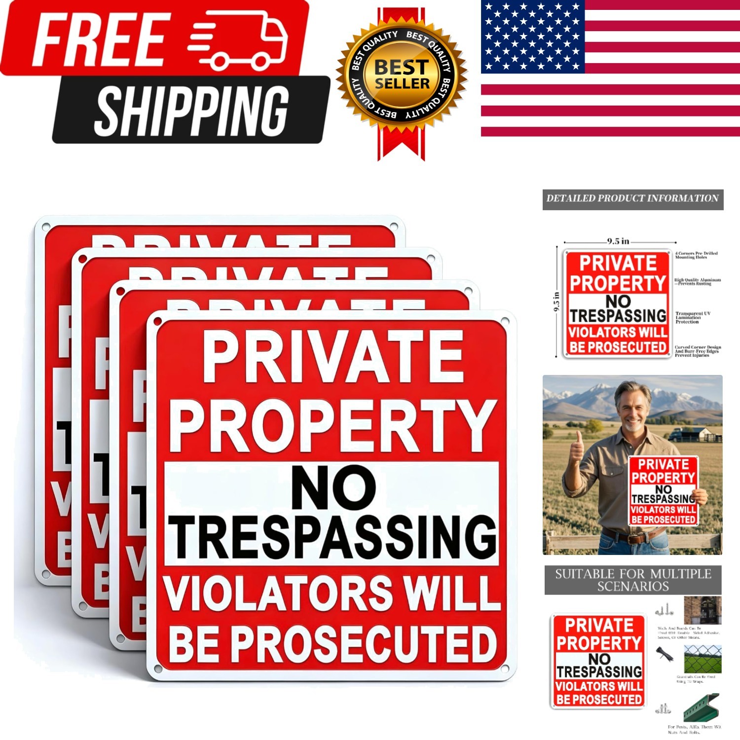 4 Pack Large No Trespassing Signs Private Property, 9.5 Inch X 9.5 Inch Private