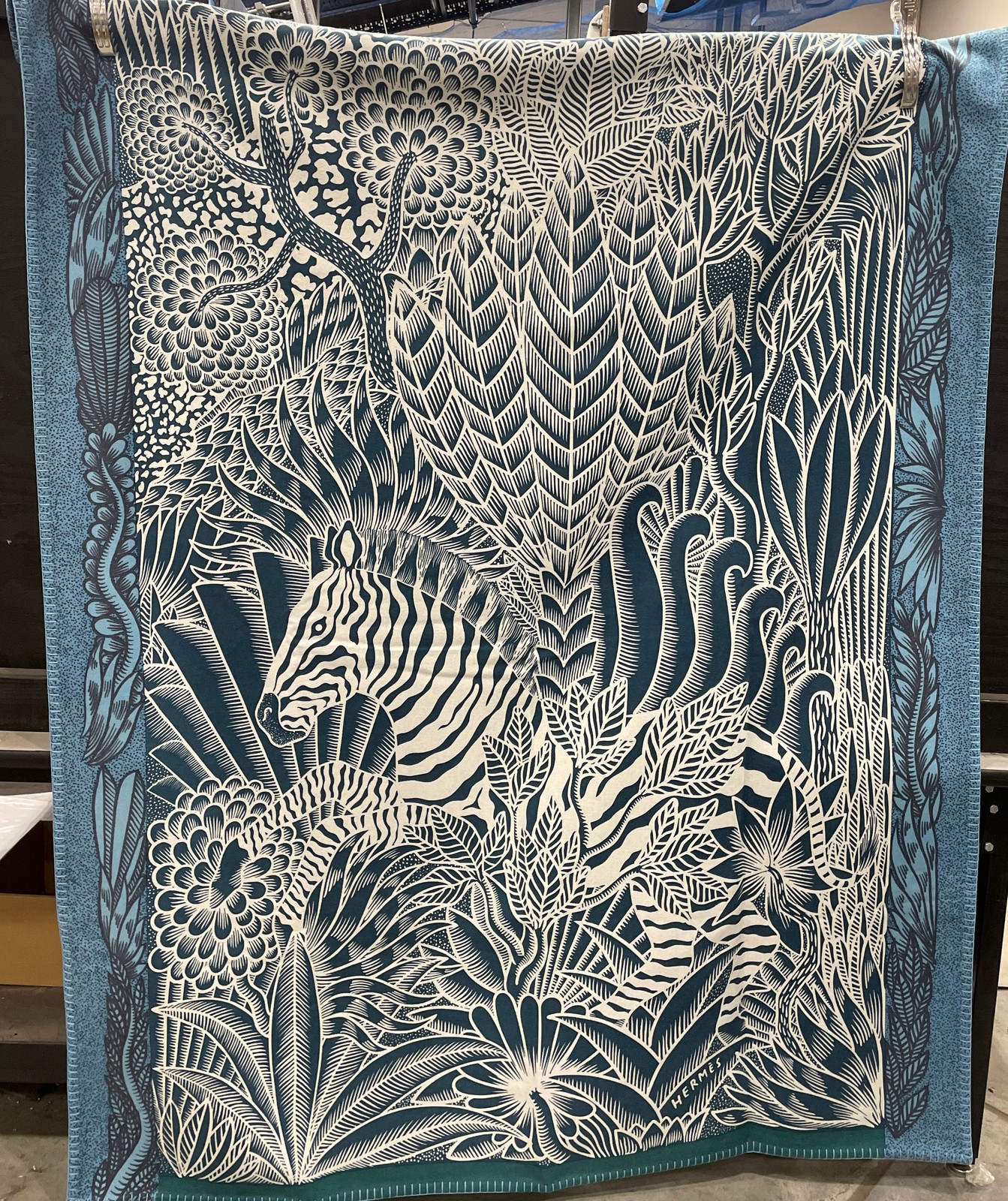 Hermes Zebra Camouflage Cashmere Blanket Turquoise