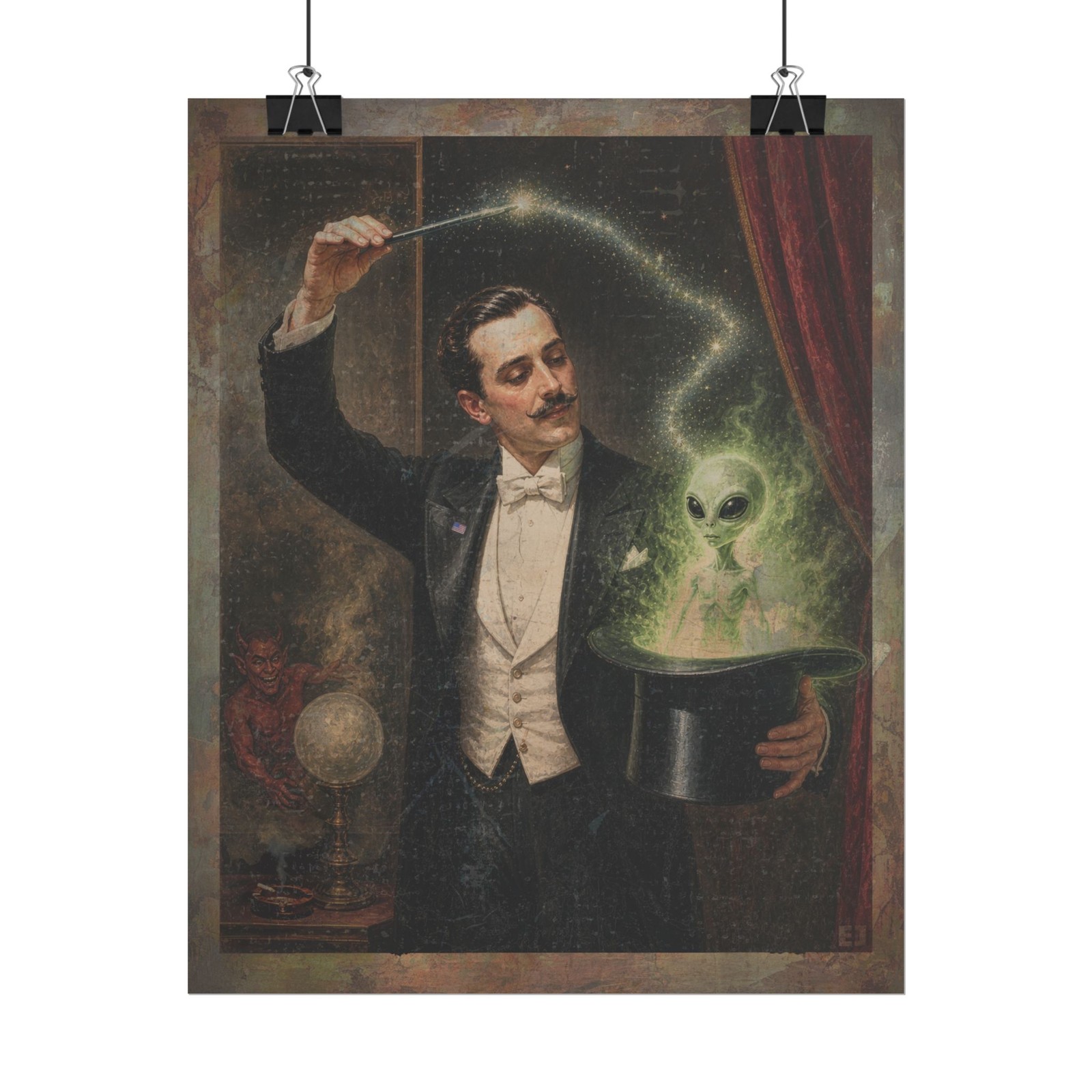 Vintage MAGICIAN ALIEN Wall Art, Magic Trick Satan Decor, Evil Cryptid Poster