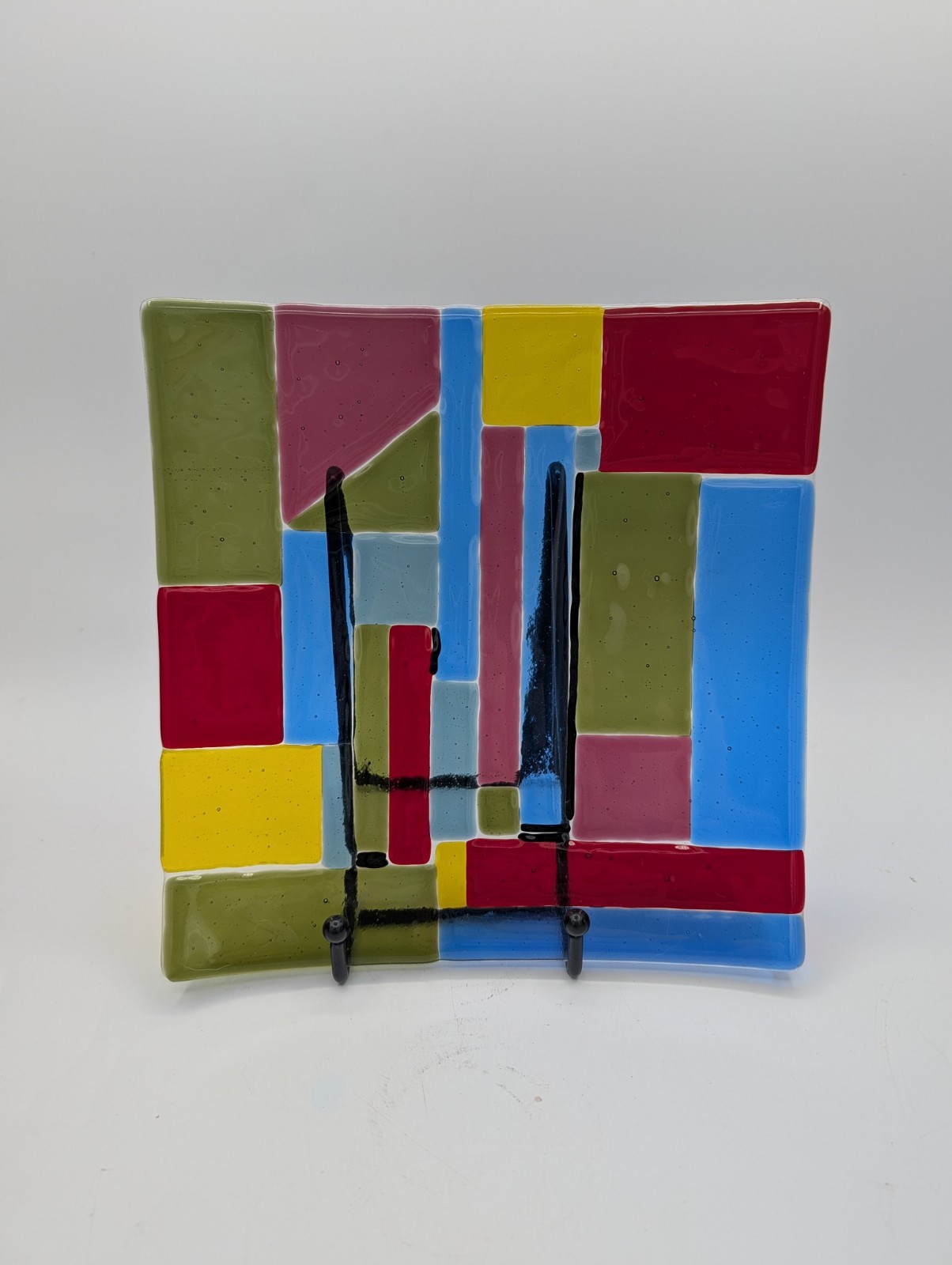 Handmade Fused Art Glass Square Dish Rainbow Geometric Quilted 8&Prime;
