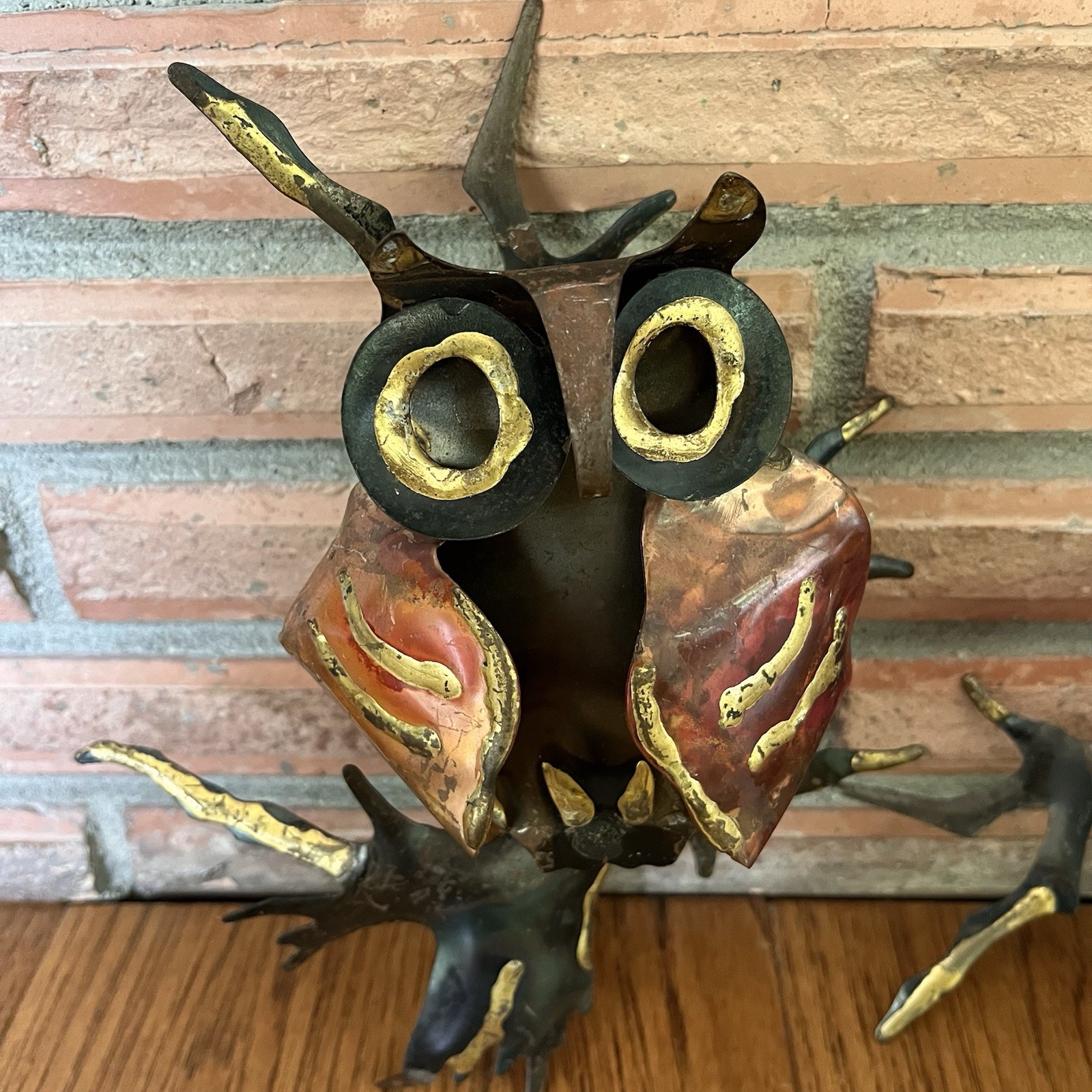 Vintage Pair MCM Brutalist Metal Owls Wall Art Hanging Sculpture Gold Copper