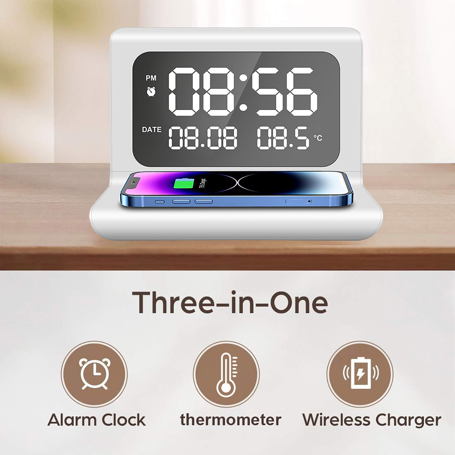 Digital Alarm Clock With Thermometer 15W Wireless Charger For iPhone Samsung