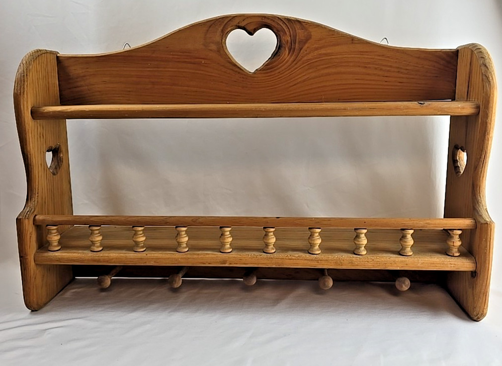 Vtg Handmade Wood Heart Cutout Trinket Shelf Wall Hanging Pegs 26&Prime; Cottagecore
