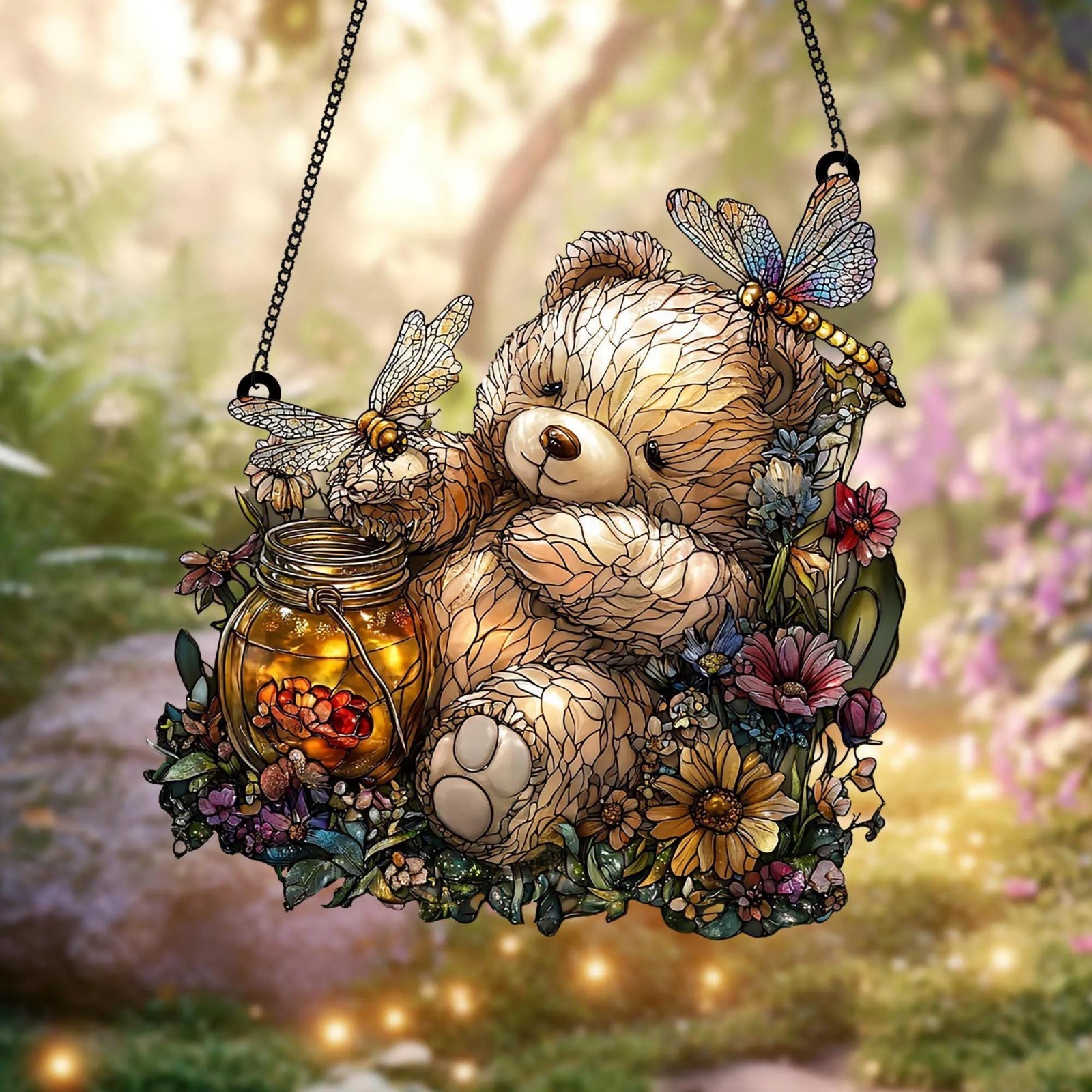 Teddy Bear & Fireflies Acrylic Suncatcher – Charming Forest Scene